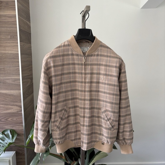 Valentino Jacket Bomber Beige Plaid Wool *VINTAGE* Logo V 100% Authentic - Picture 2 of 15